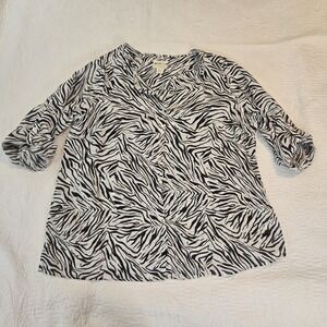 Cynthia‎ Rowley Black/White Zebra Print Roll Tab Sleeve Full Button Front Top 2X